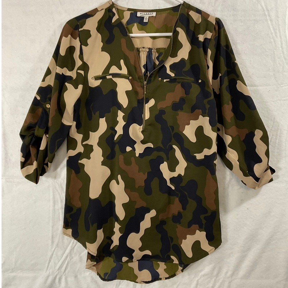 Mileage Camo Blouse Womens Large Green Tan Half Zip Roll Tab Sleeve V Neck Top